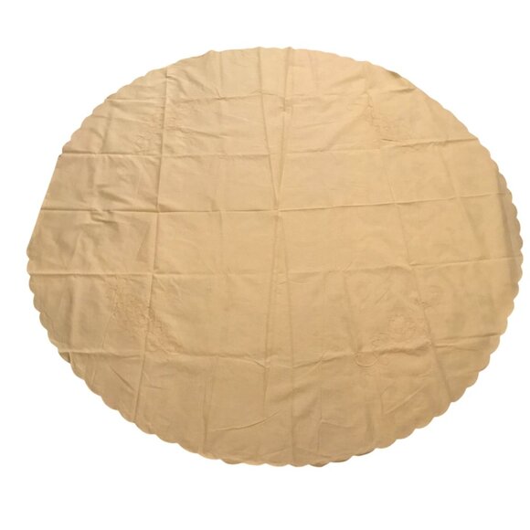 Vintage Yellow Round Embroidered Tablecloth 69" With Scalloped Edge - Picture 1 of 4